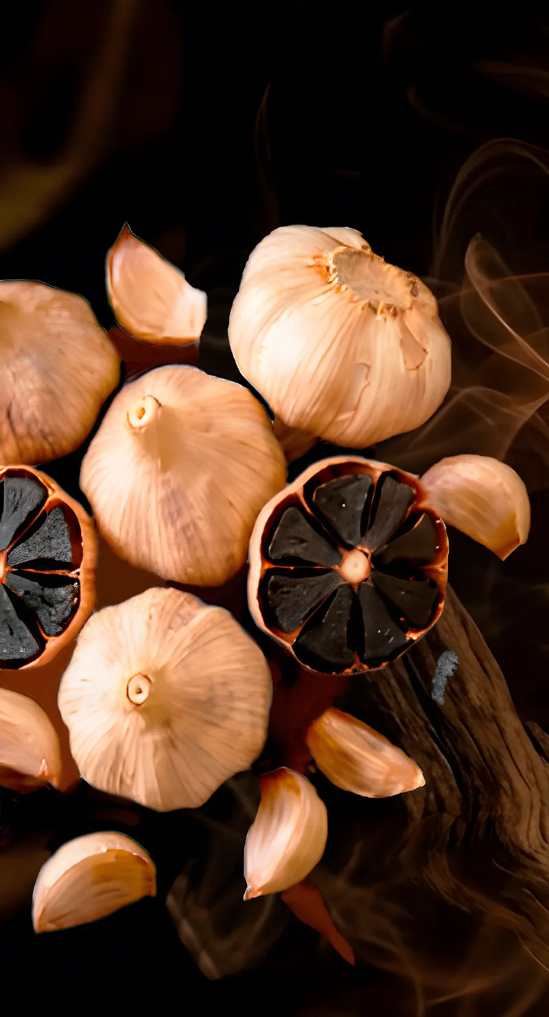Cabezas de ajo blanco junto a dientes de ajo negro cortados, de color oscuro y textura suave