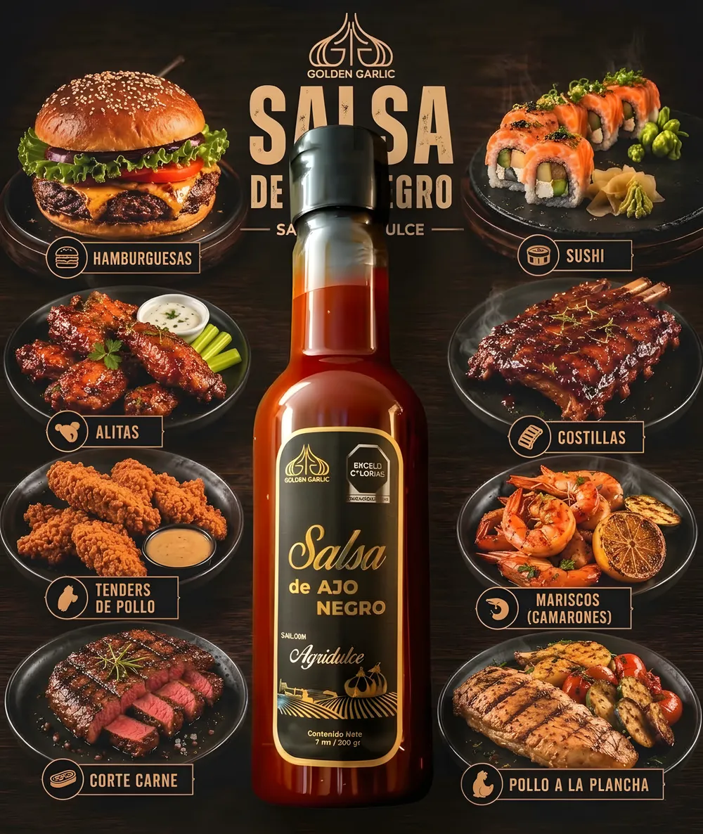 Botella de salsa de ajo negro Golden Garlic rodeada de hamburguesa, sushi, alitas, costillas, tenders, mariscos, corte de carne y pollo a la plancha